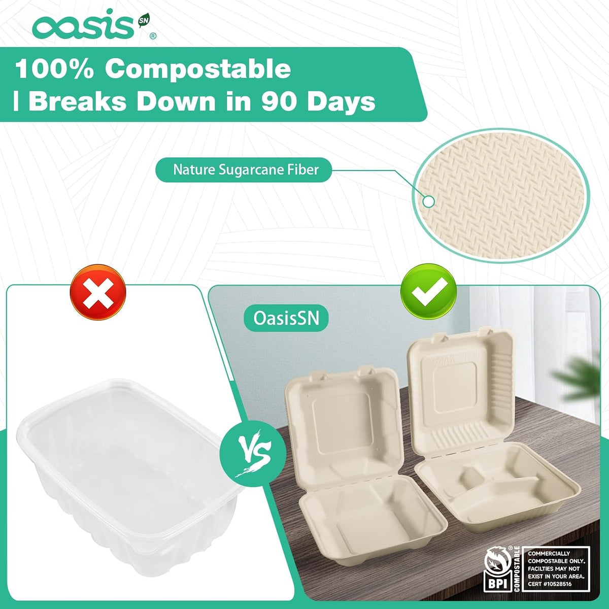 8x8 Inch 68 Pack 3-Compartment Clamshell Take Out Food Containers, Compostable Disposable Paper To Go Boxes with