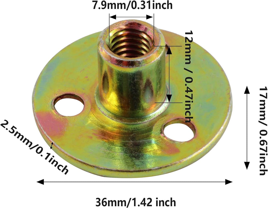 12PCS 5/16"-18 Carbon Steel Round Base T-Nut, Brad Hole Tee Nut, Furniture Hardware Flange Insert Female Thread 3-Hole T-Nuts