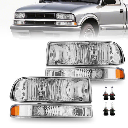 Headlights Assembly w/Bulbs for 1998-2004 Chevy S10 Pickup and 1998-2005 Chevy Blazer, 4PCS Headlamps w/Corner Bumper