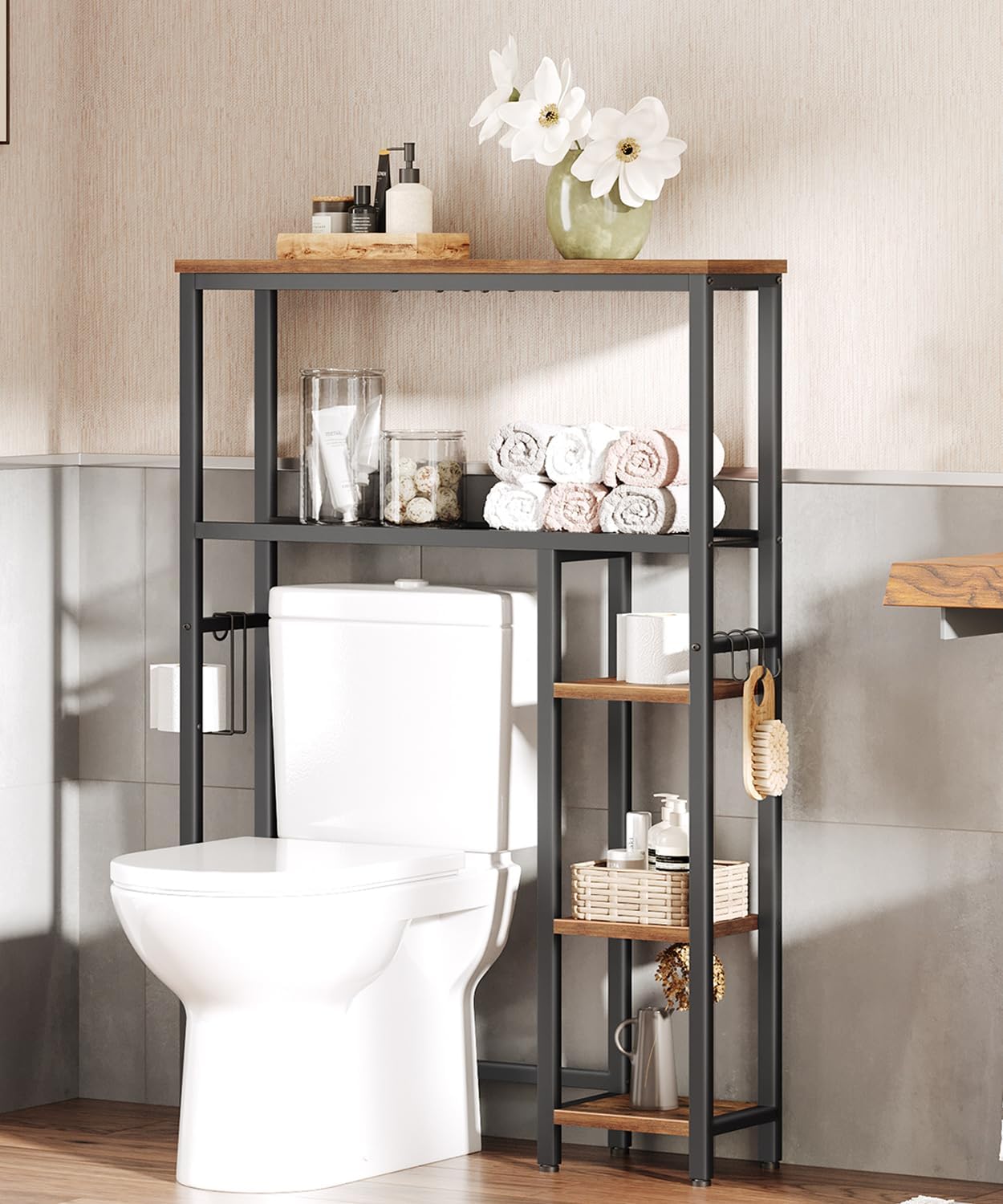 Over The Toilet Storage Cabinet, Freestanding Bathroom Organizer with Toilet Paper Holder, Hooks, 5-Tier Bathroom
