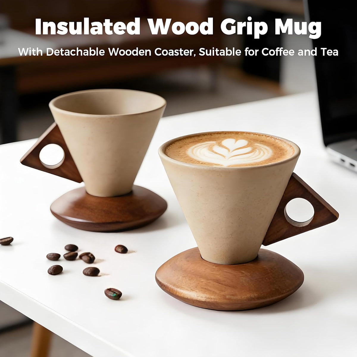 Retro Ceramic Cone Coffee Mug with Solid Wood Handle & Coaster, Creative Elegant Set for Home, Office, Restaurant