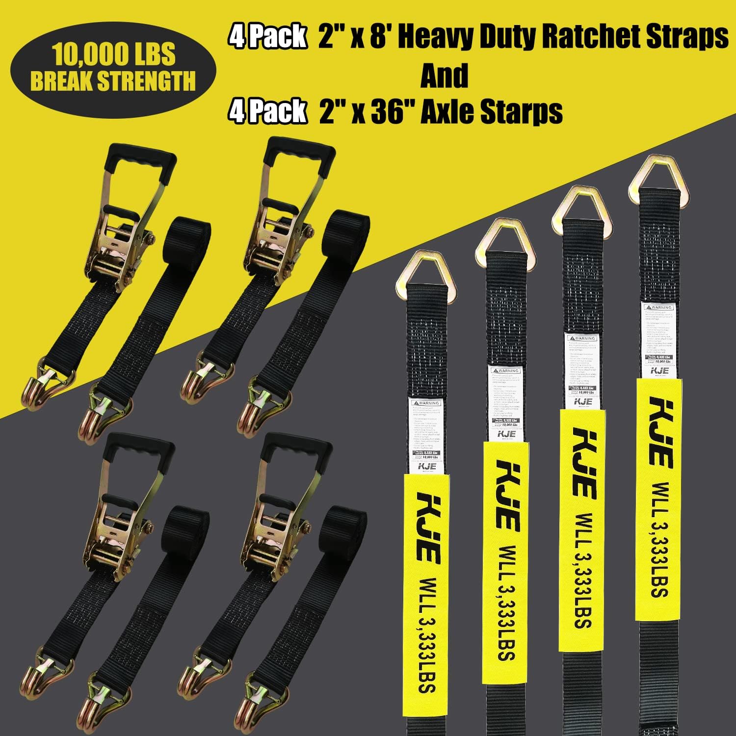Heavy Duty Car Trailer Tie Down Straps 4 Pack Kit - 2" x 8' Ratchet Straps + J-Hooks with Clip, 2" x 36'' Axle Straps