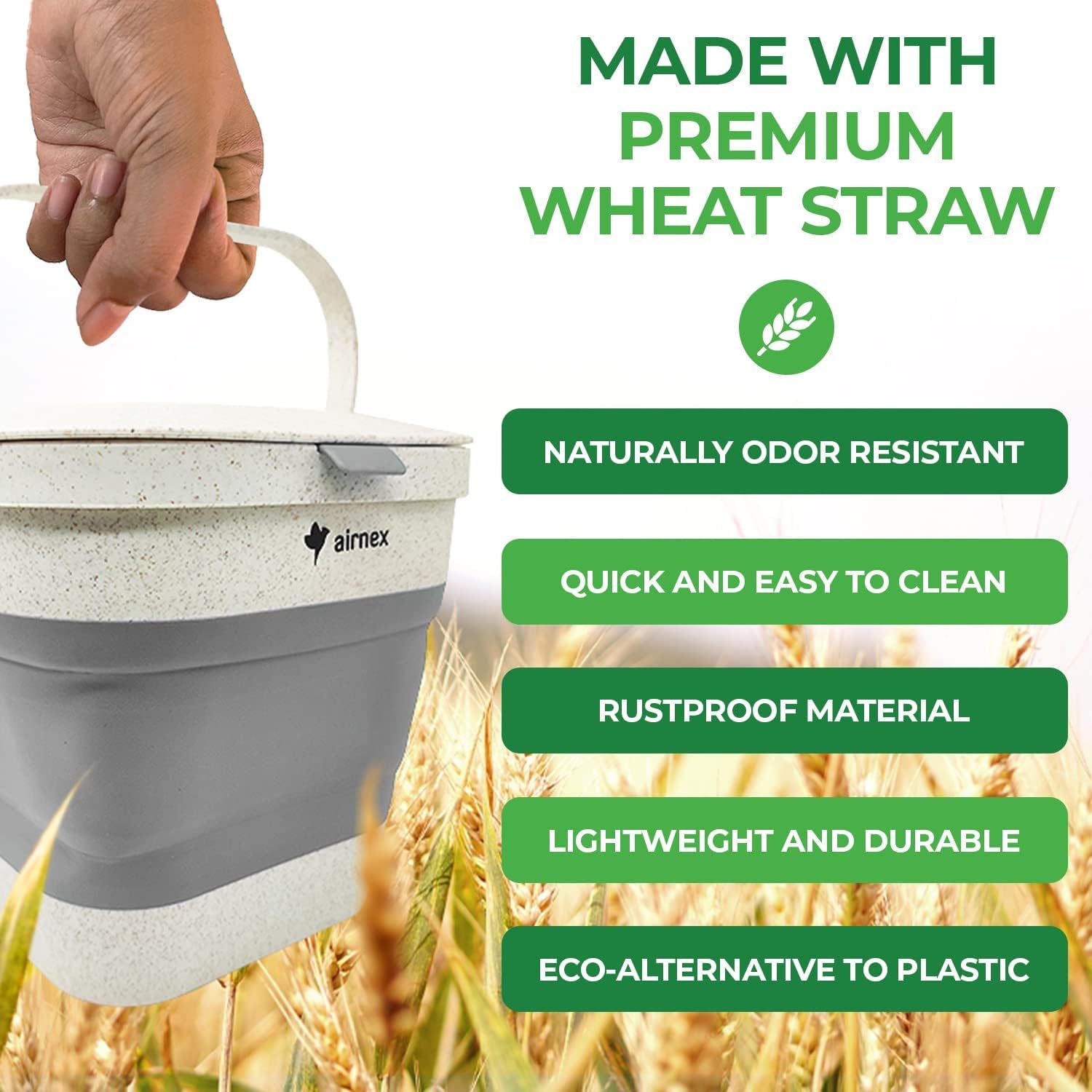 Collapsible Compost Bin Kitchen Counter Caddy - 1 Gallon Countertop Compost Bin with Lid Made of Wheat Straw