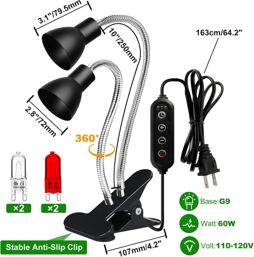 Heat Lamp for Reptile,UVA UVB Light for Turtle,Bearded Dragon Basking Light Bulbs,Dimmable 360°Gooseneck UV Heating