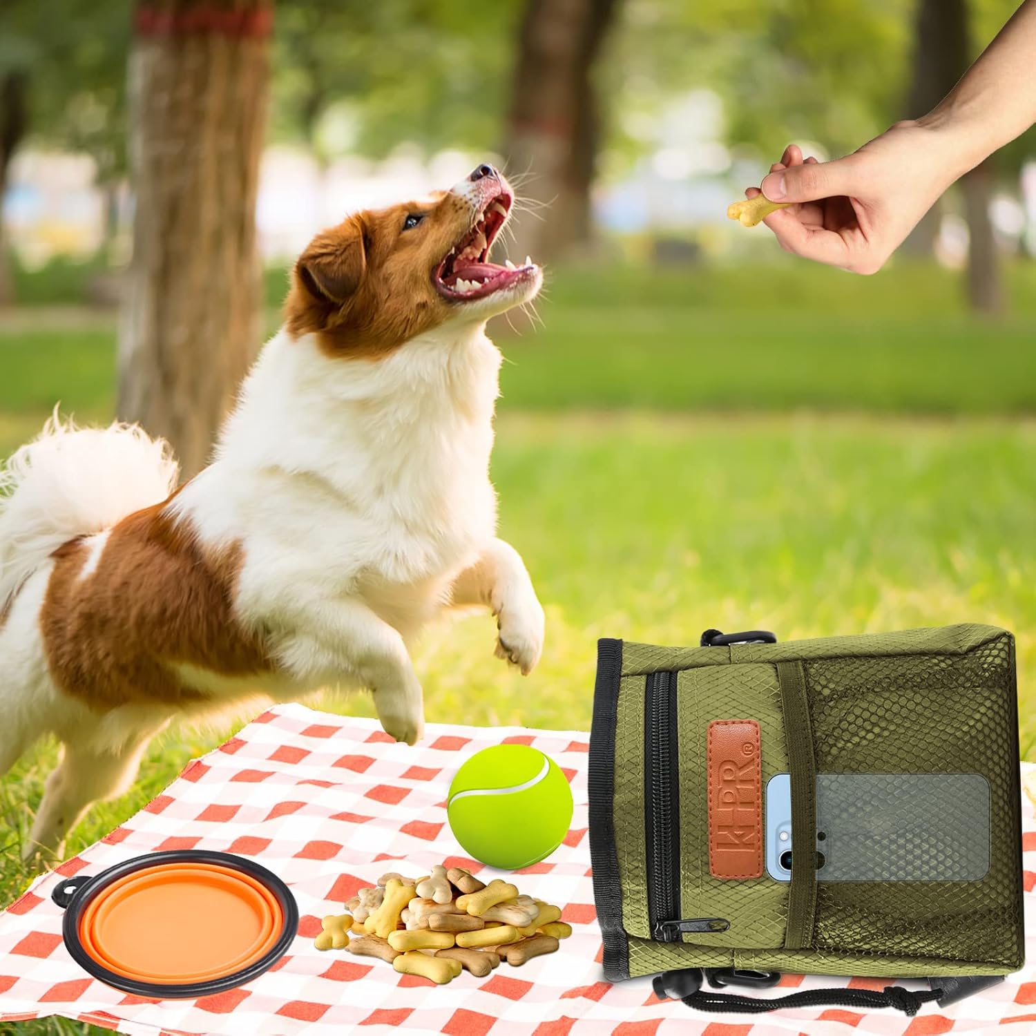 Dog Treat Training Pouch Easily Carries Pet Toys Kibble, Treats Built-in Poop Bag Dispenser 3 Ways to Wear Comes with