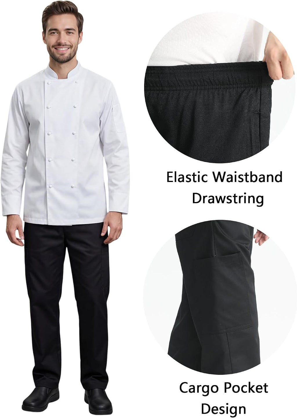 Men's Baggy Chef Pants Black Cargo Pants for Men Chef Server Work Pants for Kitchen & Restaurant - Drawstring Waist