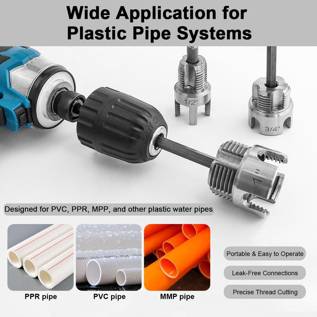 Eyech 3PCS PVC Pipe Threader Kit 1/2" 3/4" 1" NPT, Internal & External Pipe Thread Cutting Tool, Pipe Threader Drill Attachment, Plastic PVC PPR Pipe Threading Tool Set