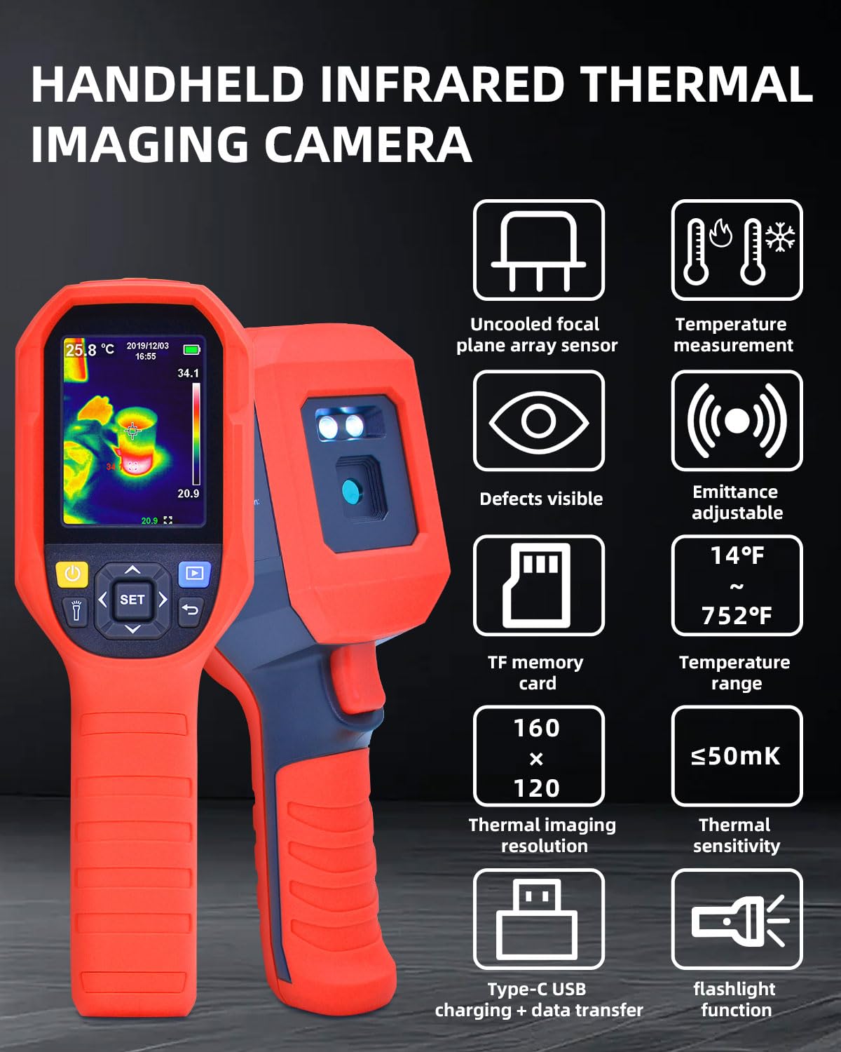 Infrared Thermal Imaging Camera, Rechargable Handheld Thermal Scanner 320 x 240 Super Resolution IR Heat Camera for