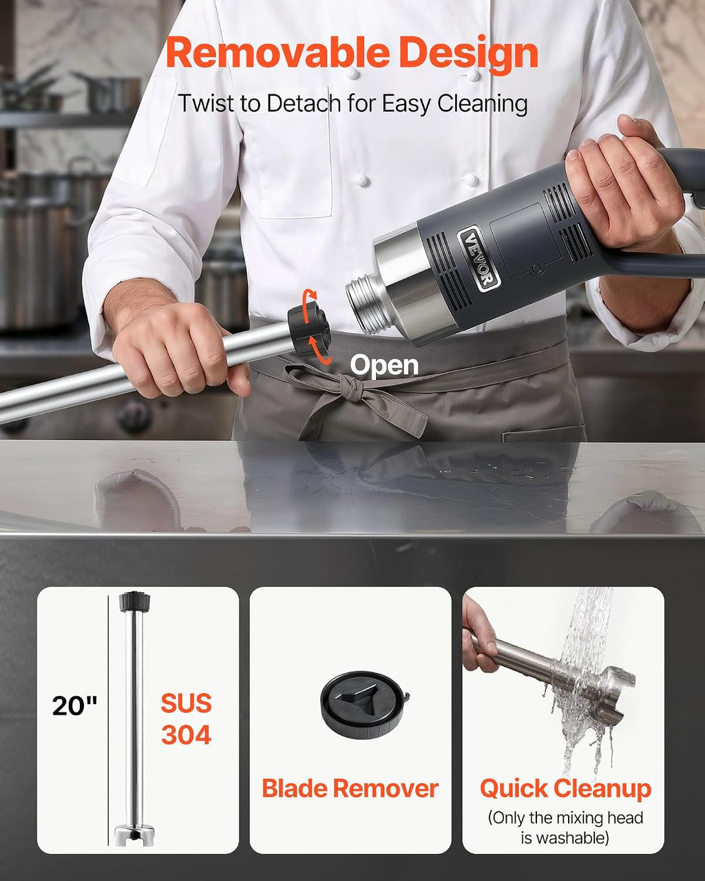Commercial Immersion Blender 750W 20" Heavy Duty Kitchen Hand Mixer