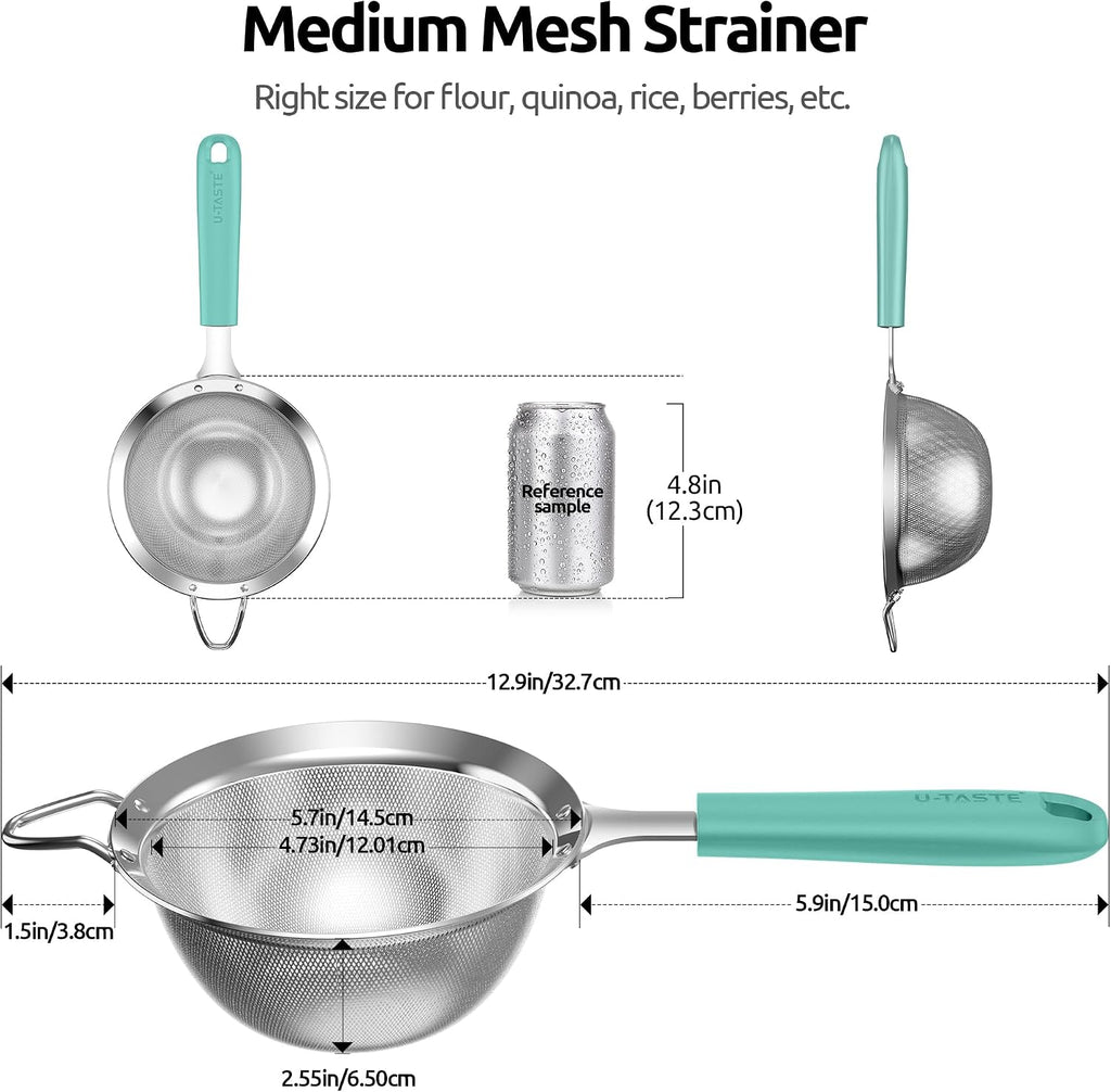U-Taste Fine Mesh Strainer, 18/8 Stainless Steel Sieve 30 Mesh, M/Aqua Sky