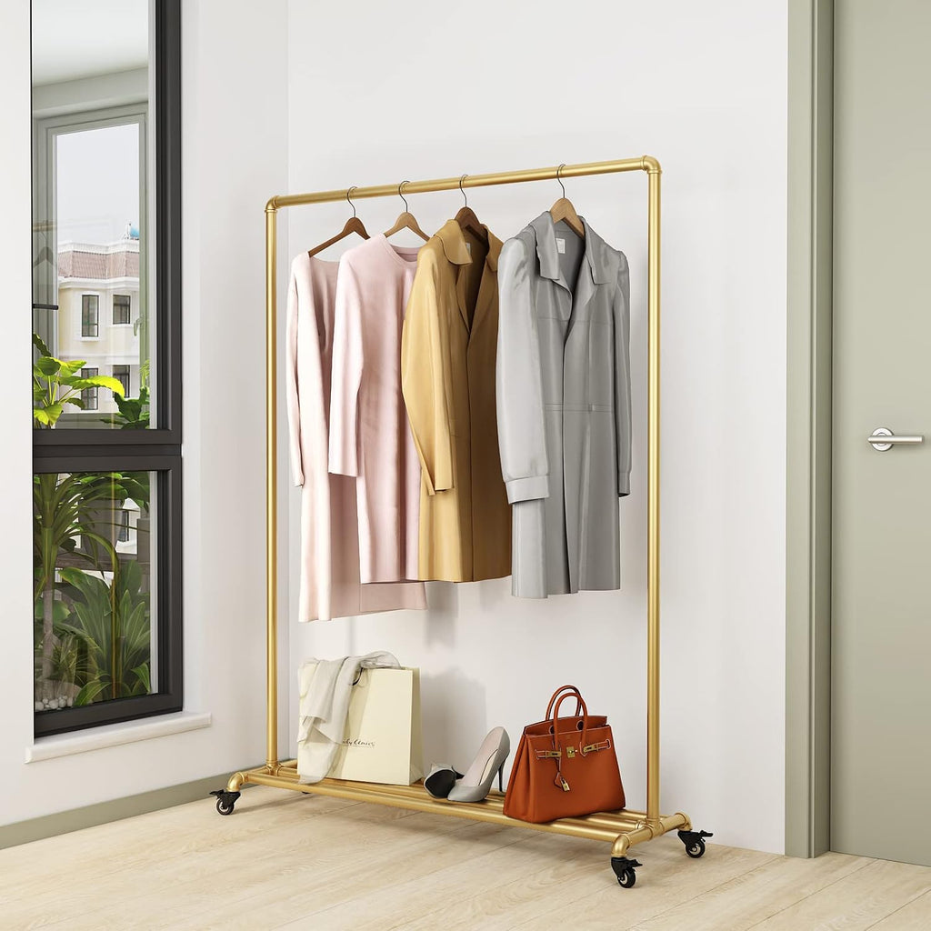 Industrial Gold Clothing Racks on Wheels, Boutique Display Gold Clothes Rack with Shelf, Rolling Garment Rack for