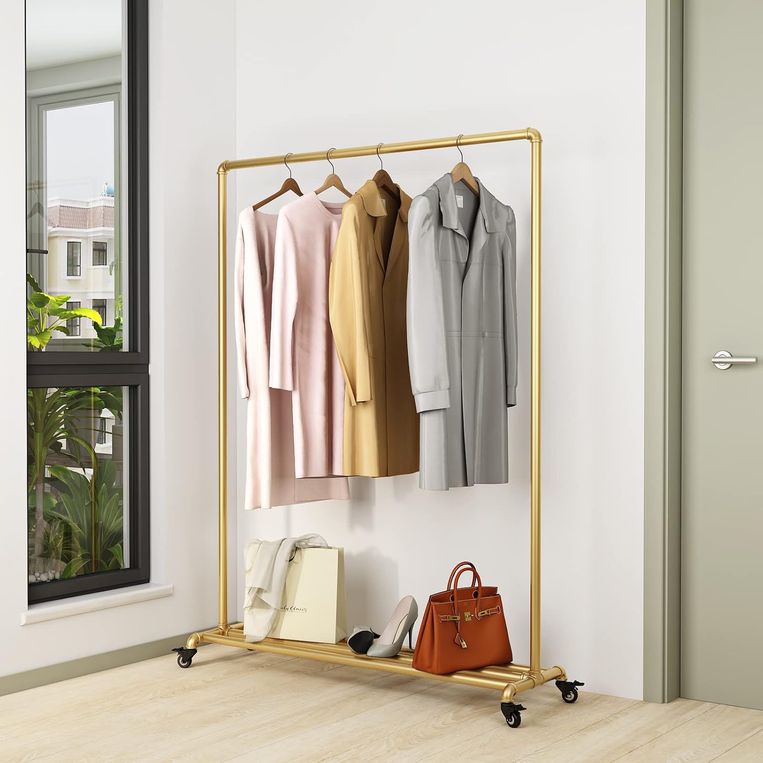 Industrial Gold Clothing Racks on Wheels, Boutique Display Gold Clothes Rack with Shelf, Rolling Garment Rack for