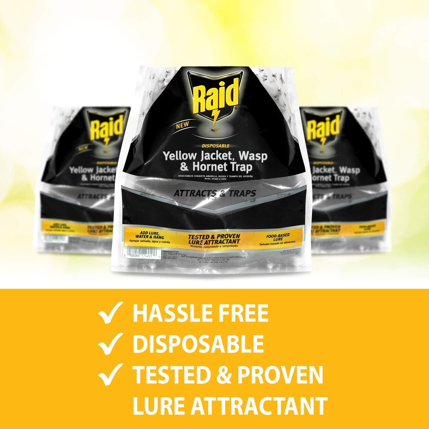Yellow Jacket, Wasp & Hornet Trap, 3 Pack, Disposable, Convenient, Hanging Fly Trap Bags with Food-Based Lure