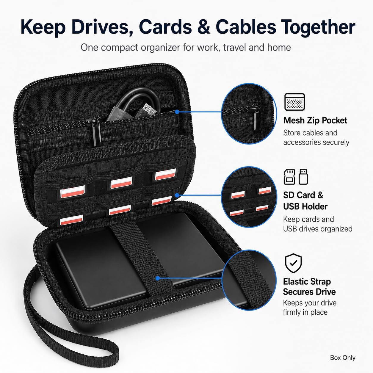 External Hard Drive Case for Seagate, for WD, for Toshiba HDD SSD | Hard EVA Exterior Compact Travel Organizer 3-in-1