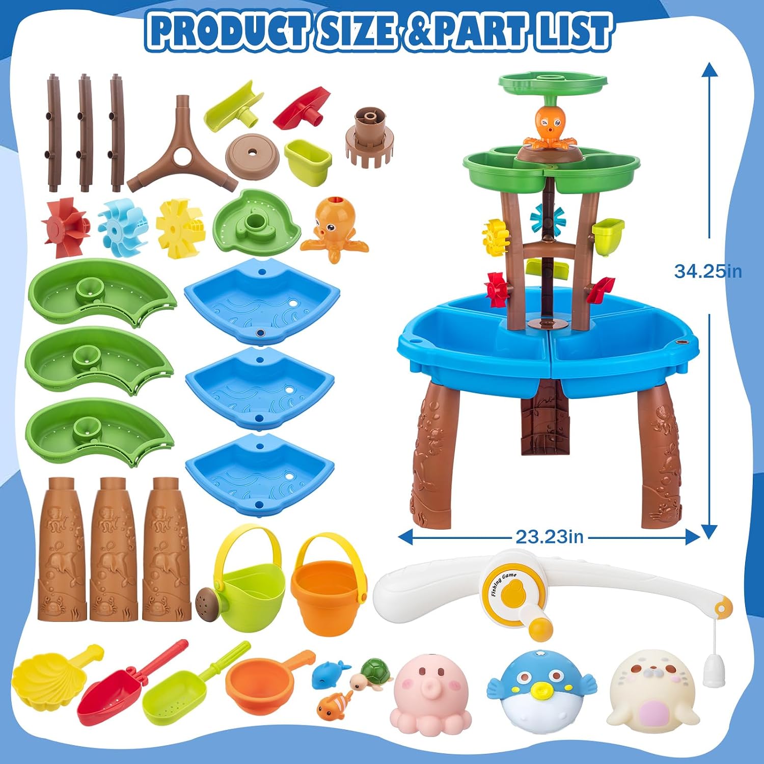 Water Table for Toddlers with Fishing Game Set 3-Tier Kids Sand Water Table Sensory Outdoor Toys for Kids Ages 4-8
