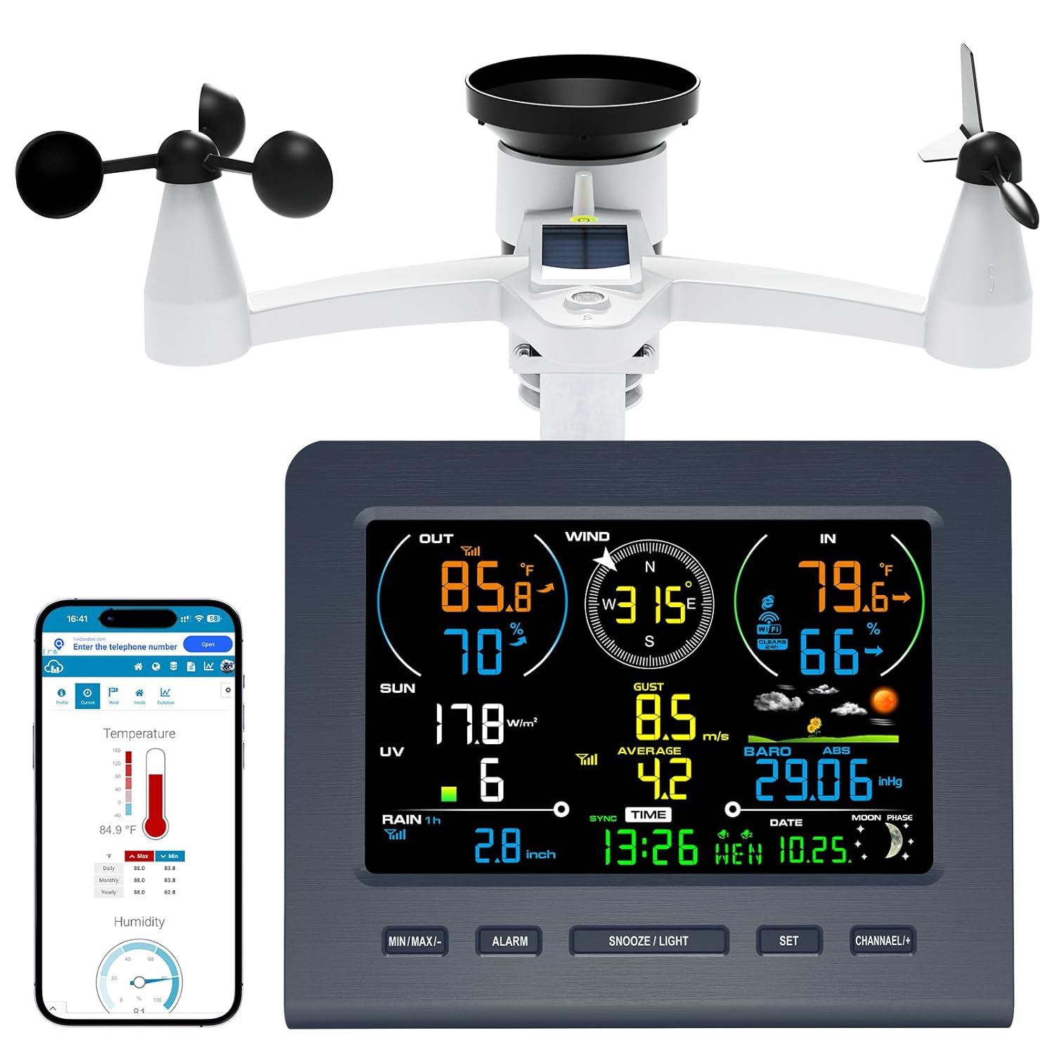 7-in-1 Wireless Weather Station with Outdoor Sensor, WiFi Indoor Outdoor Weather Stations, Rain Gauge, Anemometer