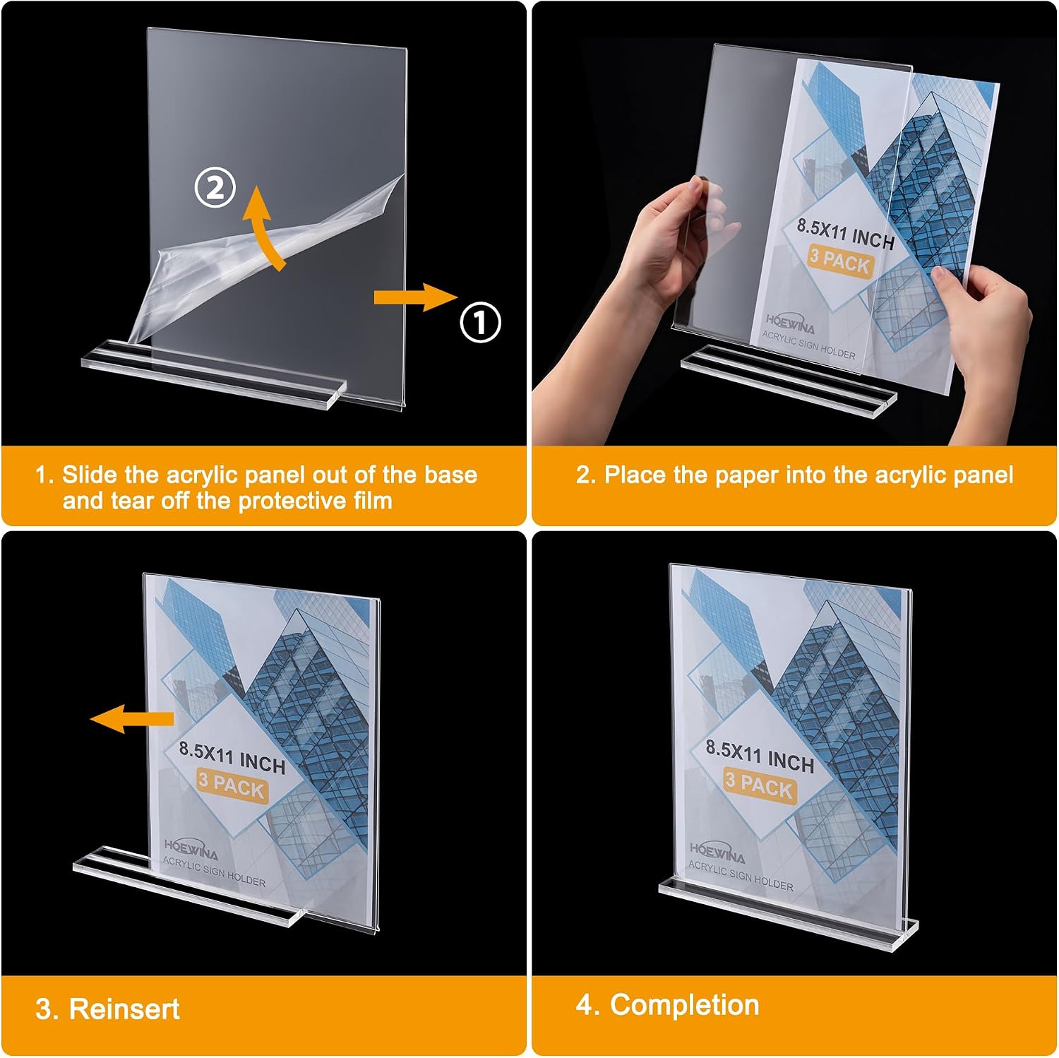 3Pack Acrylic Sign Holder 8.5 x 11inch, Vertical Display Sign Stand | Clear Menu Holder Stand, Table Paper Holder