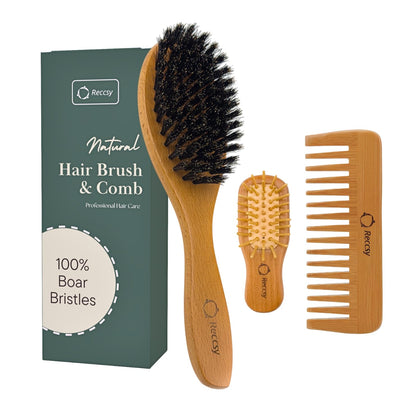 100% Boar Bristle Hair Brush Set with Bamboo Comb for Women | 3-Piece Natural Wooden Hairbrush Kit with Mini Scalp