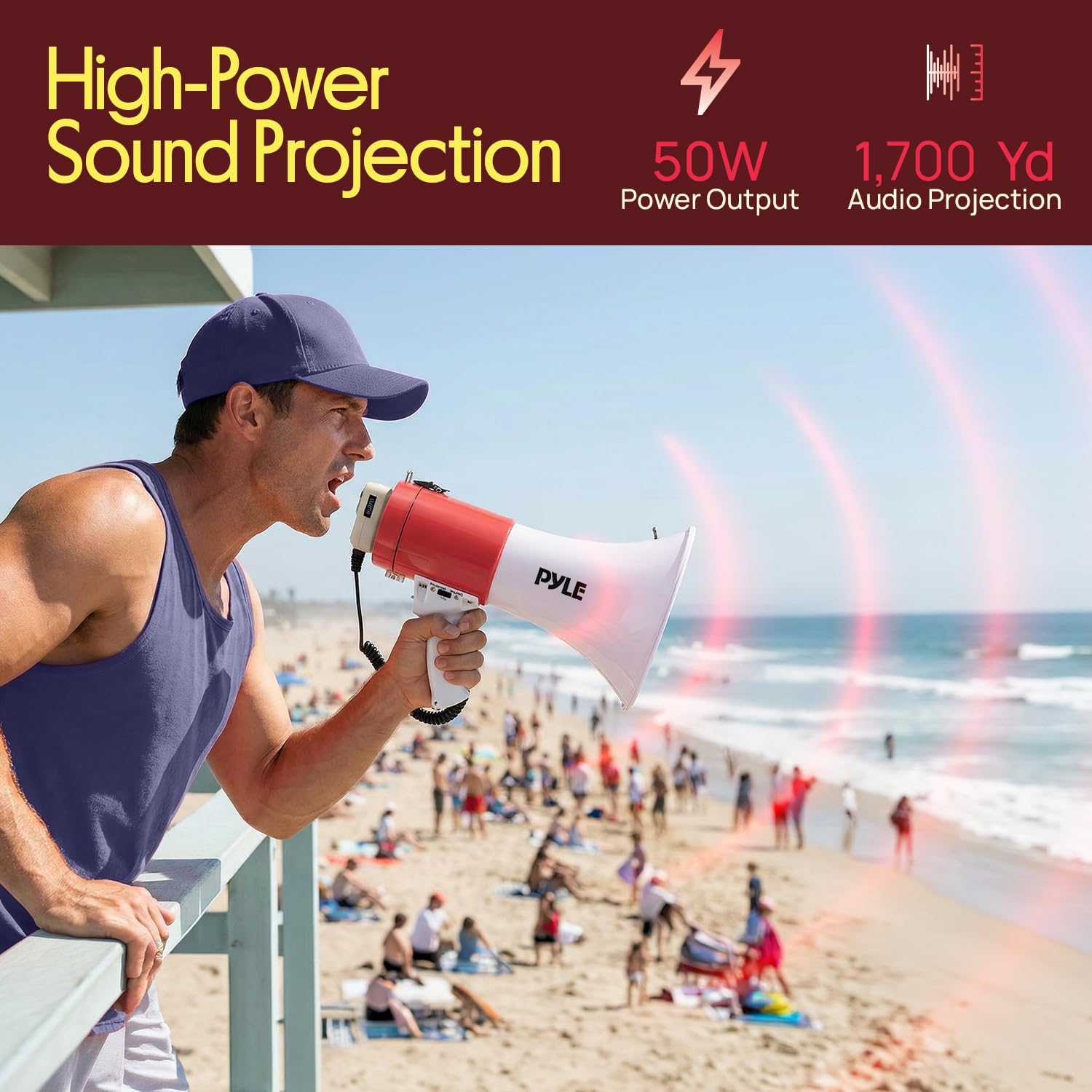 50W Megaphone PA Bullhorn Speaker with Built-in Siren, Adjustable Volume Control, USB/SD/AUX Inputs for Music