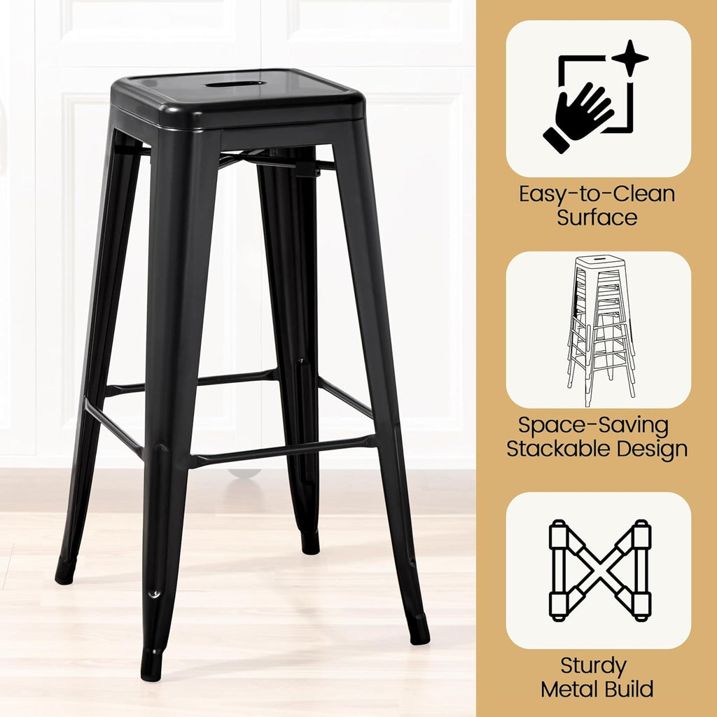 30 Inch Metal Bar Stools Set of 4, Stackable Barstools, Black