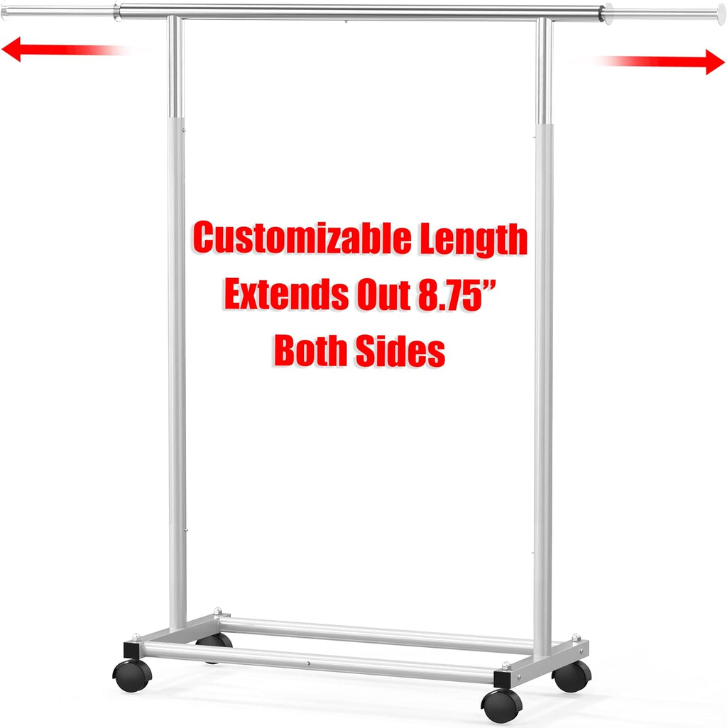 Standard Rod Garment Clothing Rack, Silver | Single Rail, Extendable Width from 30 to 47 Inches, Rolling Clothing