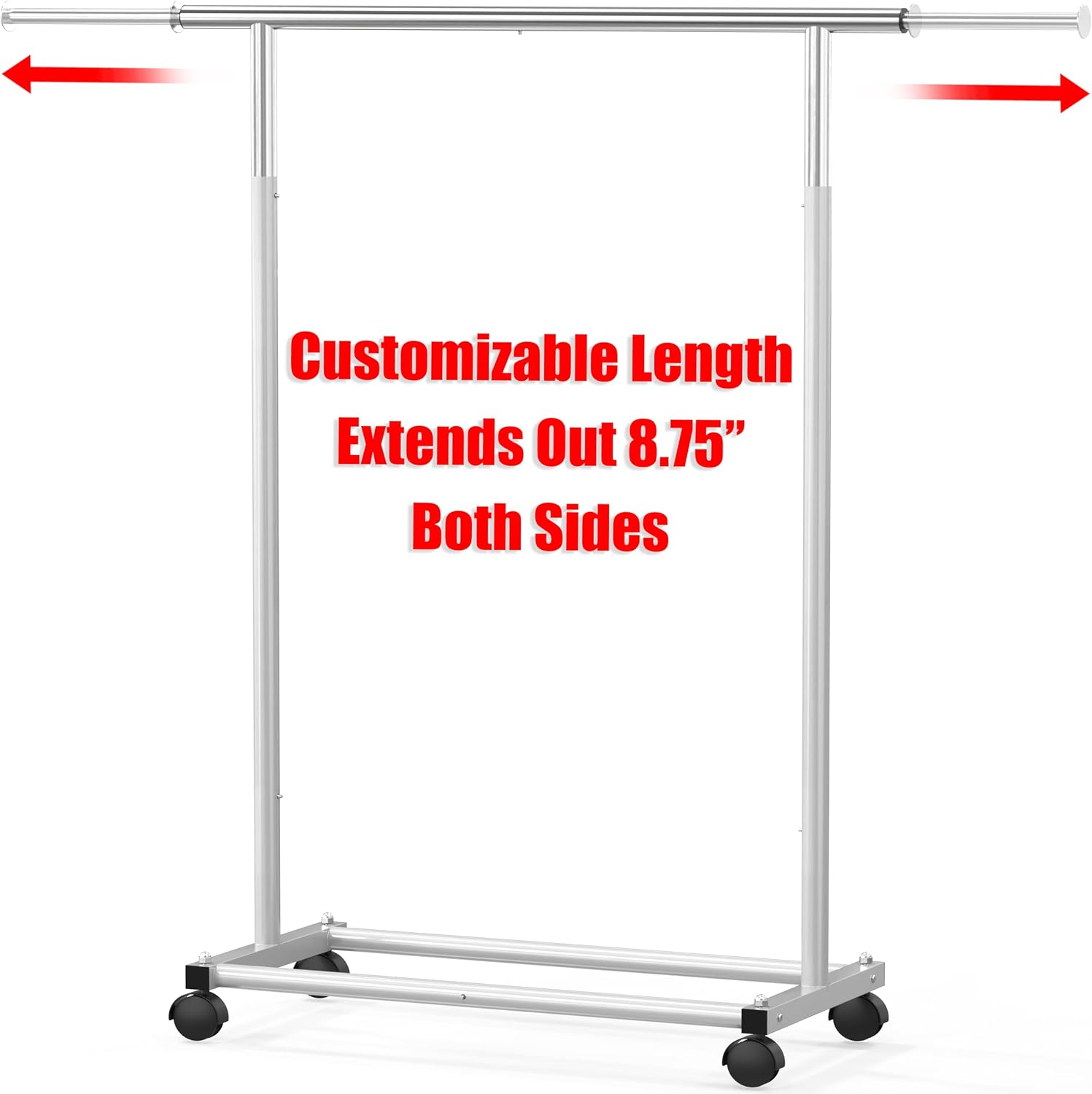 Standard Rod Garment Clothing Rack, Silver | Single Rail, Extendable Width from 30 to 47 Inches, Rolling Clothing