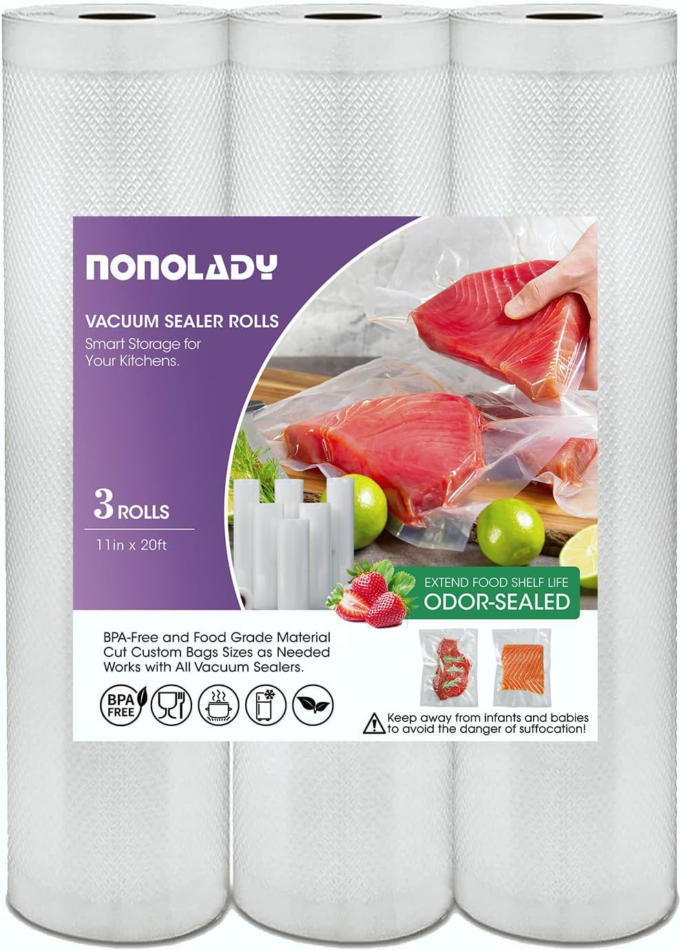 Vacuum Sealer Bags Rolls for Food, 3 Rolls 11" x 20' Commercial Grade BPA Free, Heavy Duty Puncture Prevention for