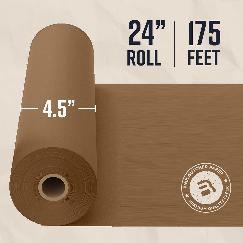 24 Inch x 175 Feet, Brown Butcher Paper Roll, Unbleached, Uncoated, Unwaxed, Food-Grade, Wide Kraft Paper for BBQ