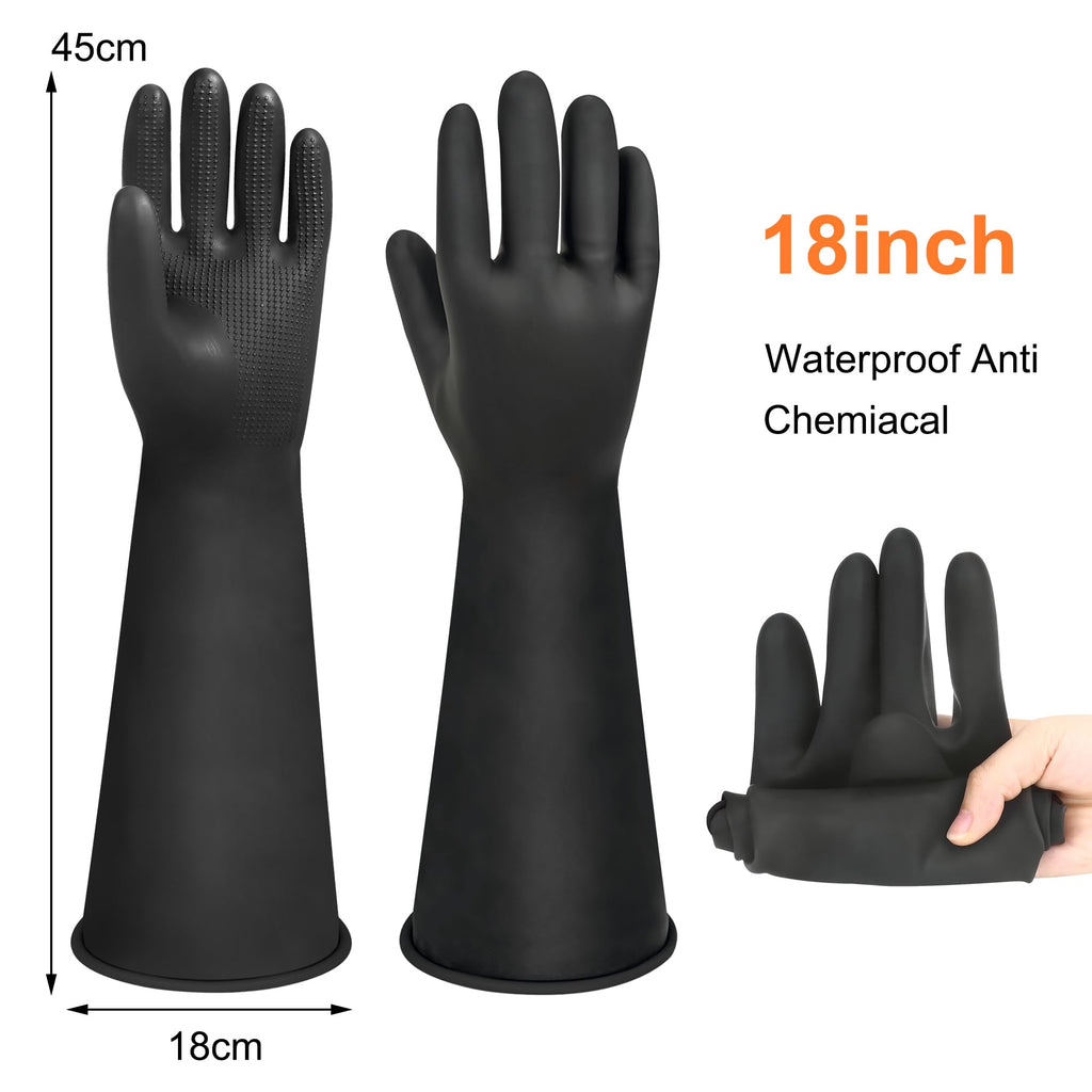 18" Chemical Resistant Gloves, Black Heavy Duty Rubber Gloves