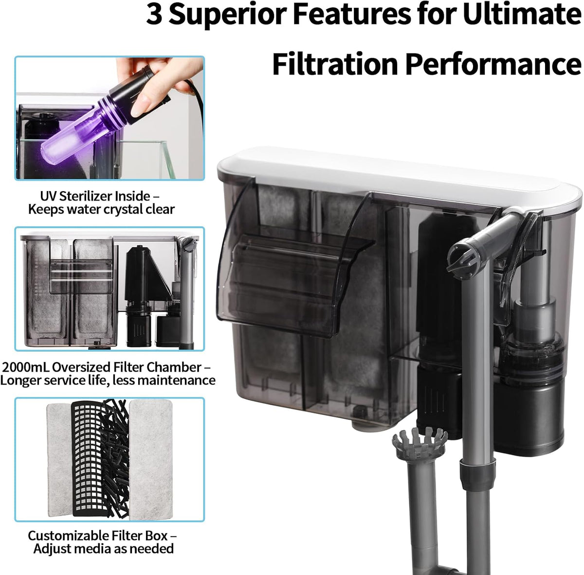 U3 HOB Aquarium Filter with UV Clarifier for 30-75 Gal Tanks