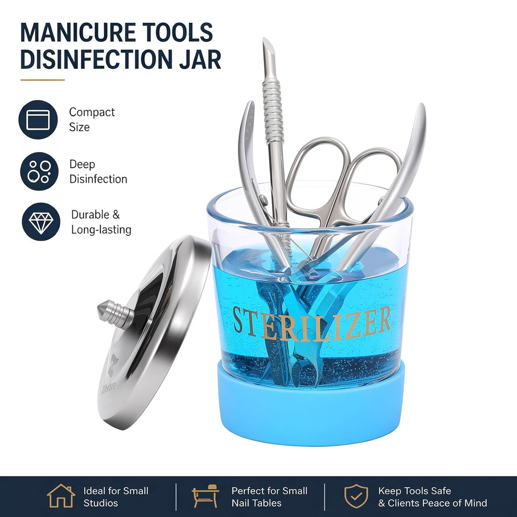 Nail Tool Disinfectant Jar, 5Oz Glass Durable Manicure Pedicure Implements Sterilizer Container,Salon Storage &