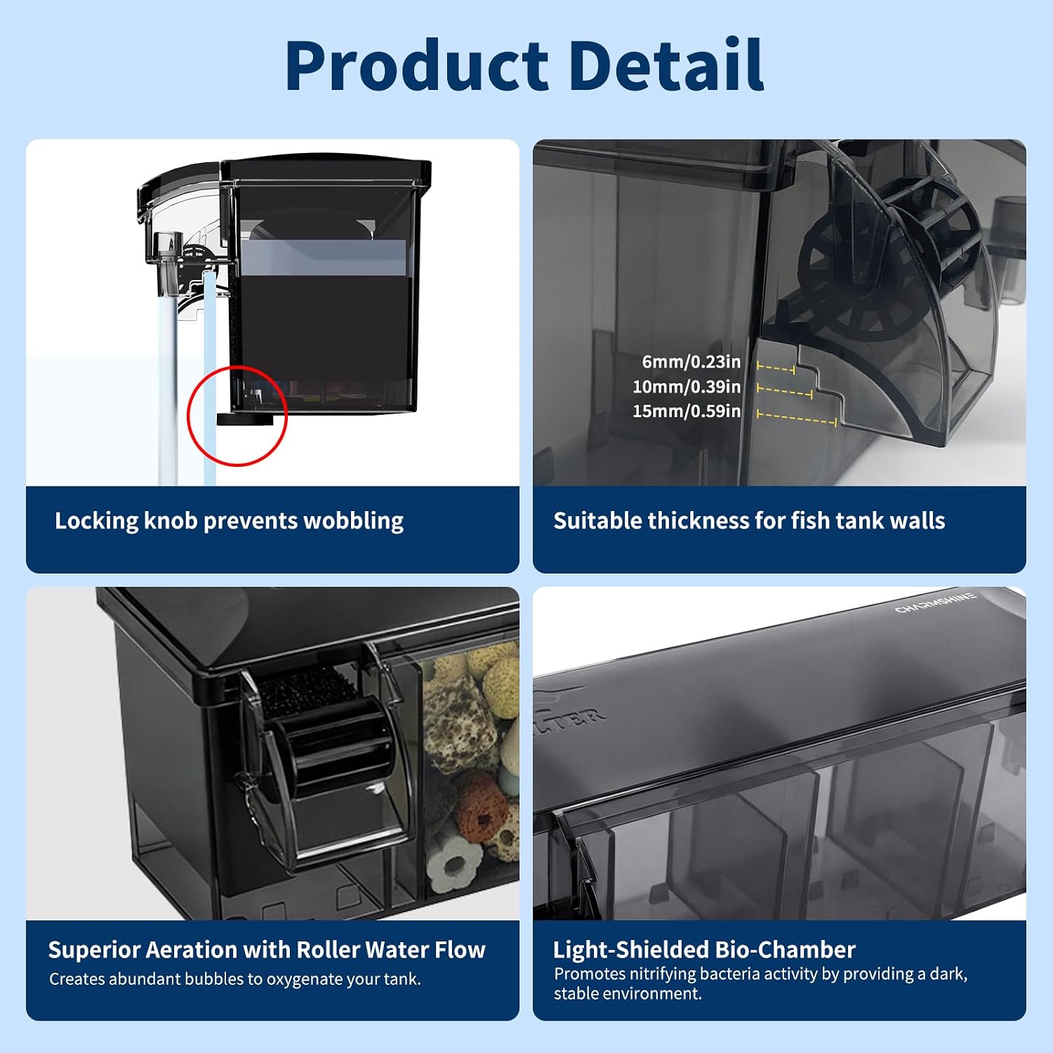 Hang-on-Back Aquarium Filter Box with Reusable Filter Media, Waterfall Oxygenation, Fits High & Low Water Level, for