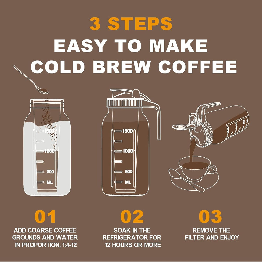 Cold Brew Coffee Maker, 32 oz Glass Mason Pitcher | 100μm stainless steel filter, wide mouth design, leak-proof lid
