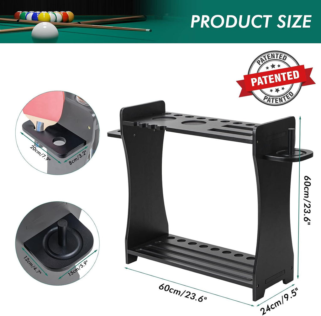 Pool Cue Rack Holder, 10 Cue Stick Stand with Billiard Accessories Storage | Multi-Functional Pool Stick & Billiard