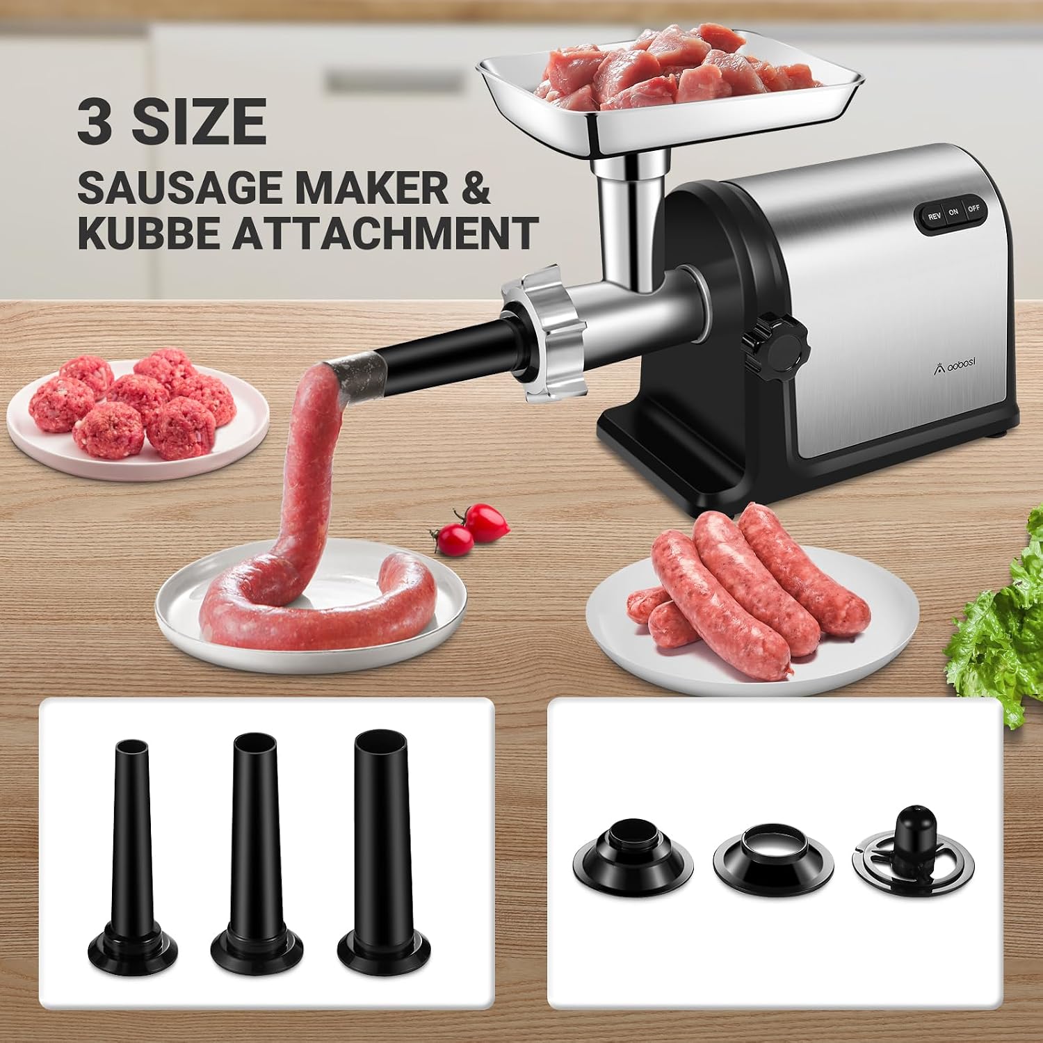 Heavy Duty Stainless Steel Meat Grinder | 3000W Max | 3 Plates | 3 Sausage Stuffers | Stainless Steel Blade | Kubbe