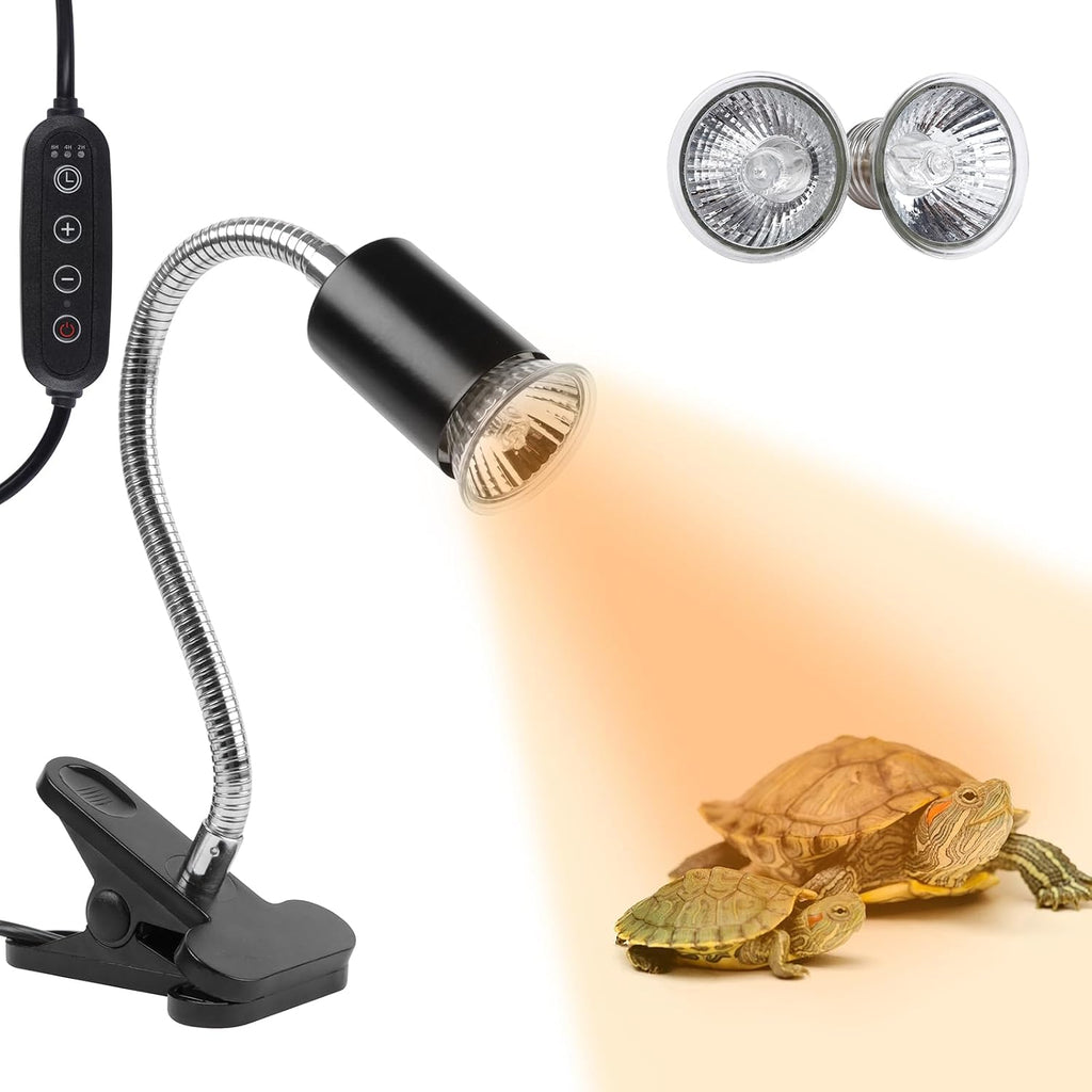 Reptile Heat Lamp with Clamp, Aquarium Turtle Tank Basking Light with 360° Rotatable Timing & Dimming and 2 Pack 50W