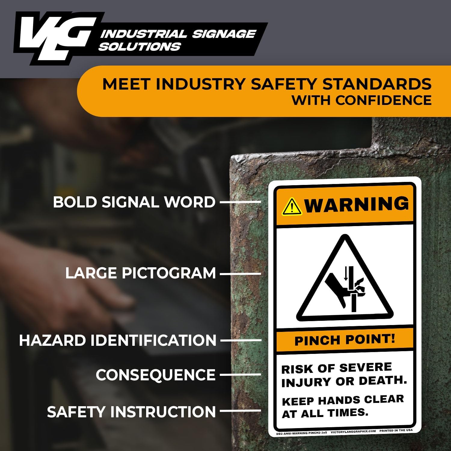 WARNING Pinch Point Labels #2 (10-Pack) – ANSI Z535 Safety Stickers, 3” x 5” Industrial Hazard Decals, OSHA