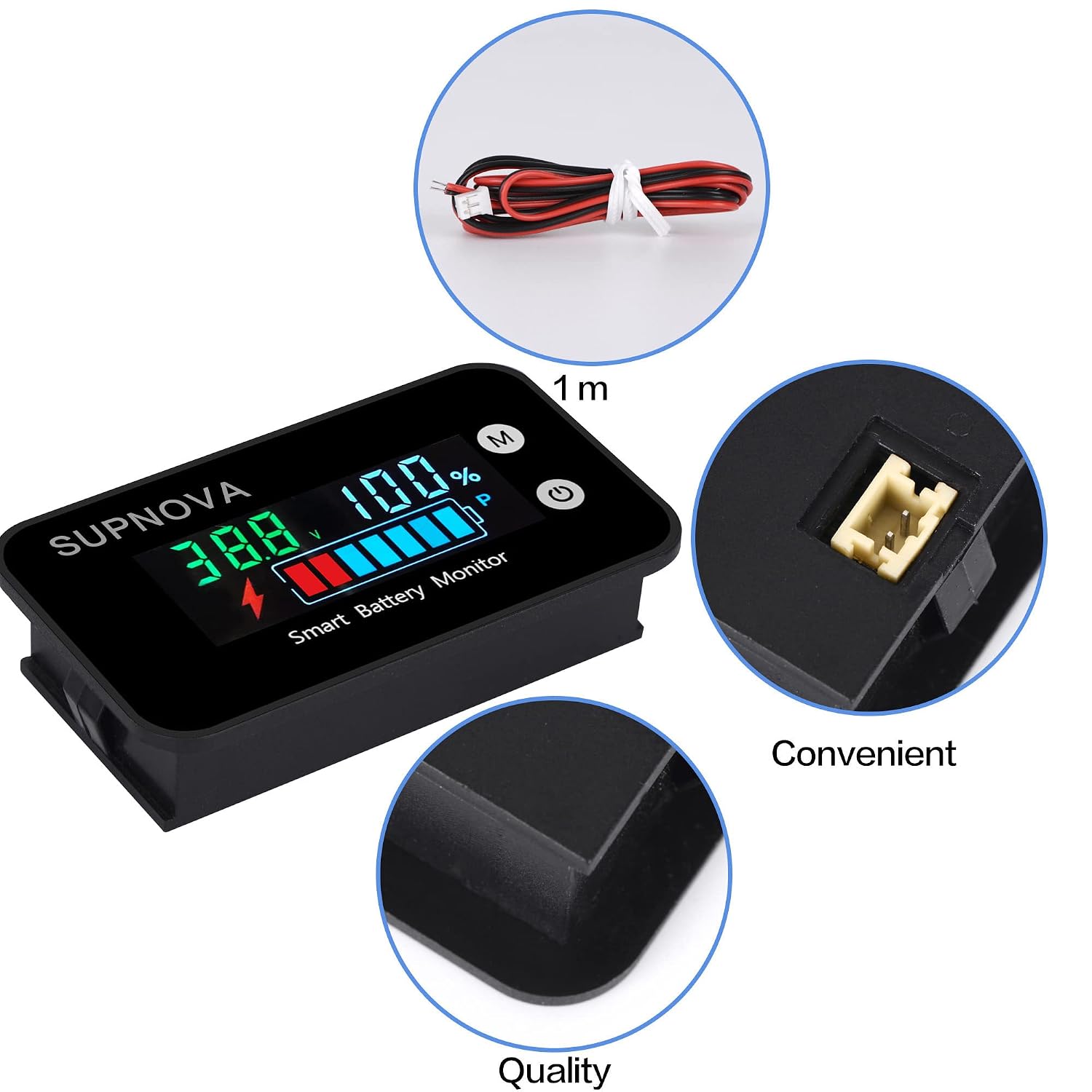 7-100V Battery Monitor, Color LCD with Temp &Buzzer Alarm | 12v 24v 36v 48v 60v 72v Digital Display Lead-acid &