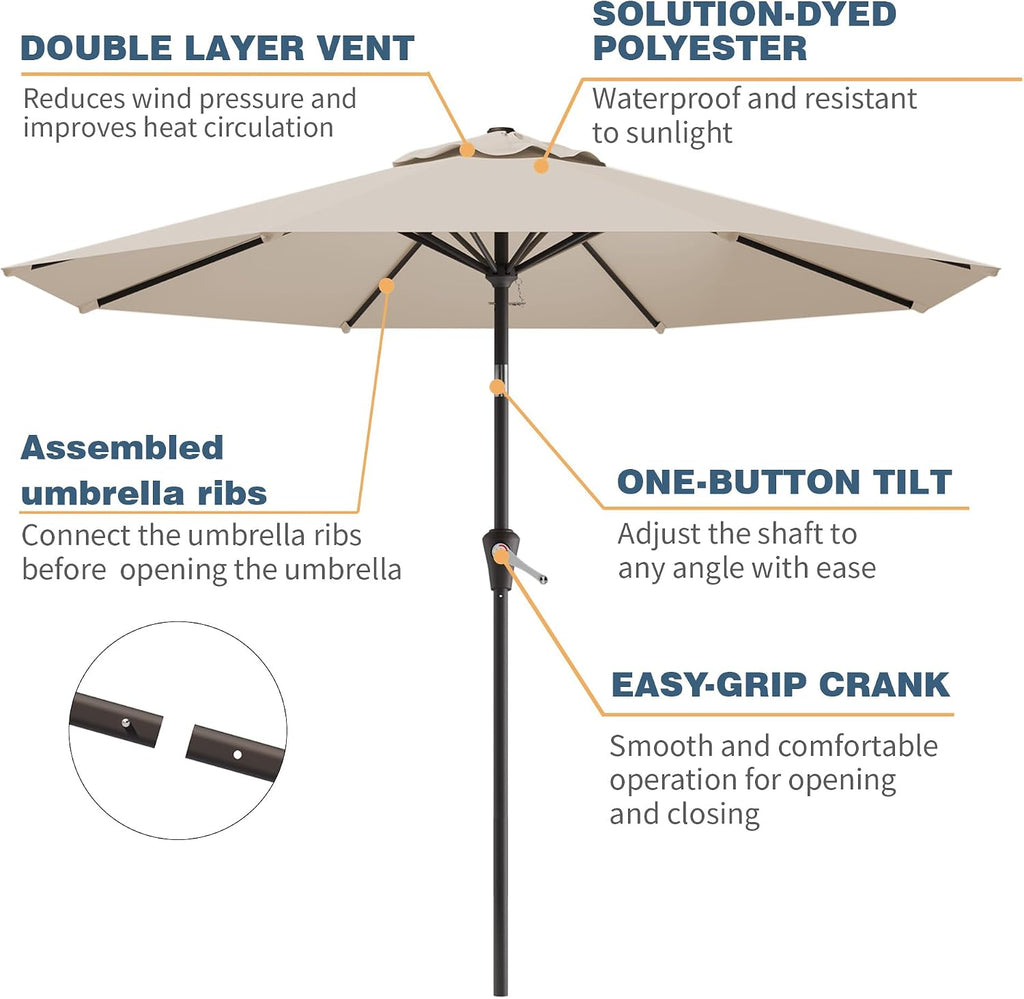 10FT Patio Umbrella, Outdoor Umbrella with Push Button Tilt and Crank, 8 Sturdy Ribs, UV Protection & Waterproof