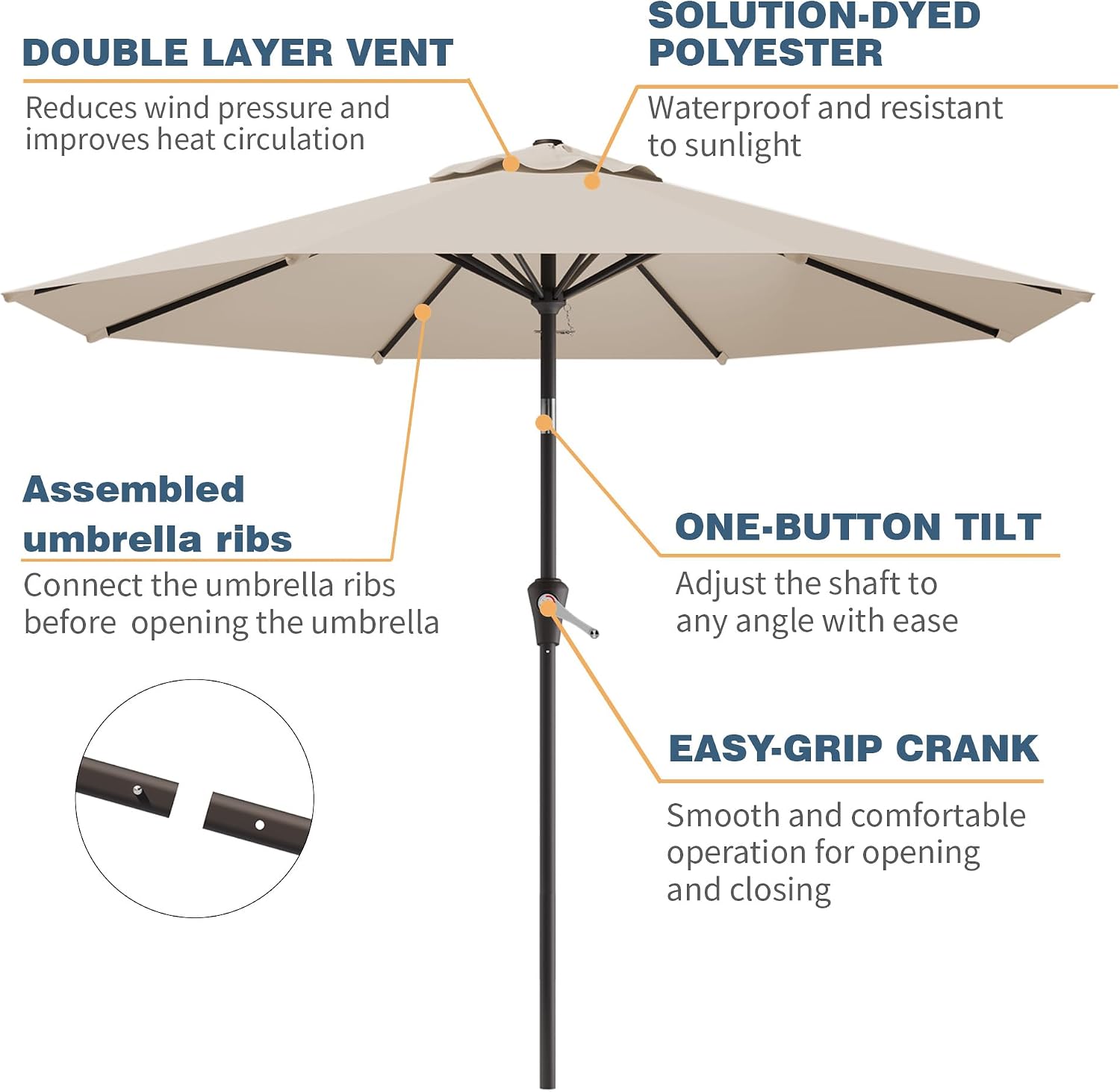10FT Patio Umbrella, Outdoor Umbrella with Push Button Tilt and Crank, 8 Sturdy Ribs, UV Protection & Waterproof