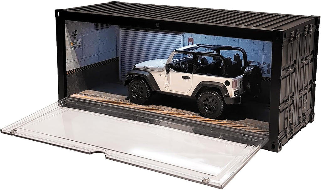 Display Case with LED Light for 1/18 Scale Model Car | Shipping Container Style Garage Diorama Show Case - Concrete