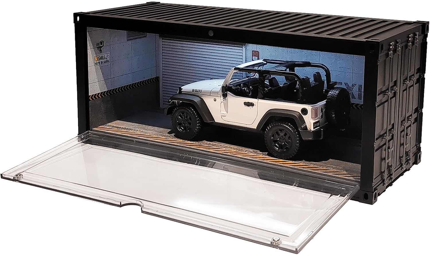 Display Case with LED Light for 1/18 Scale Model Car | Shipping Container Style Garage Diorama Show Case - Concrete