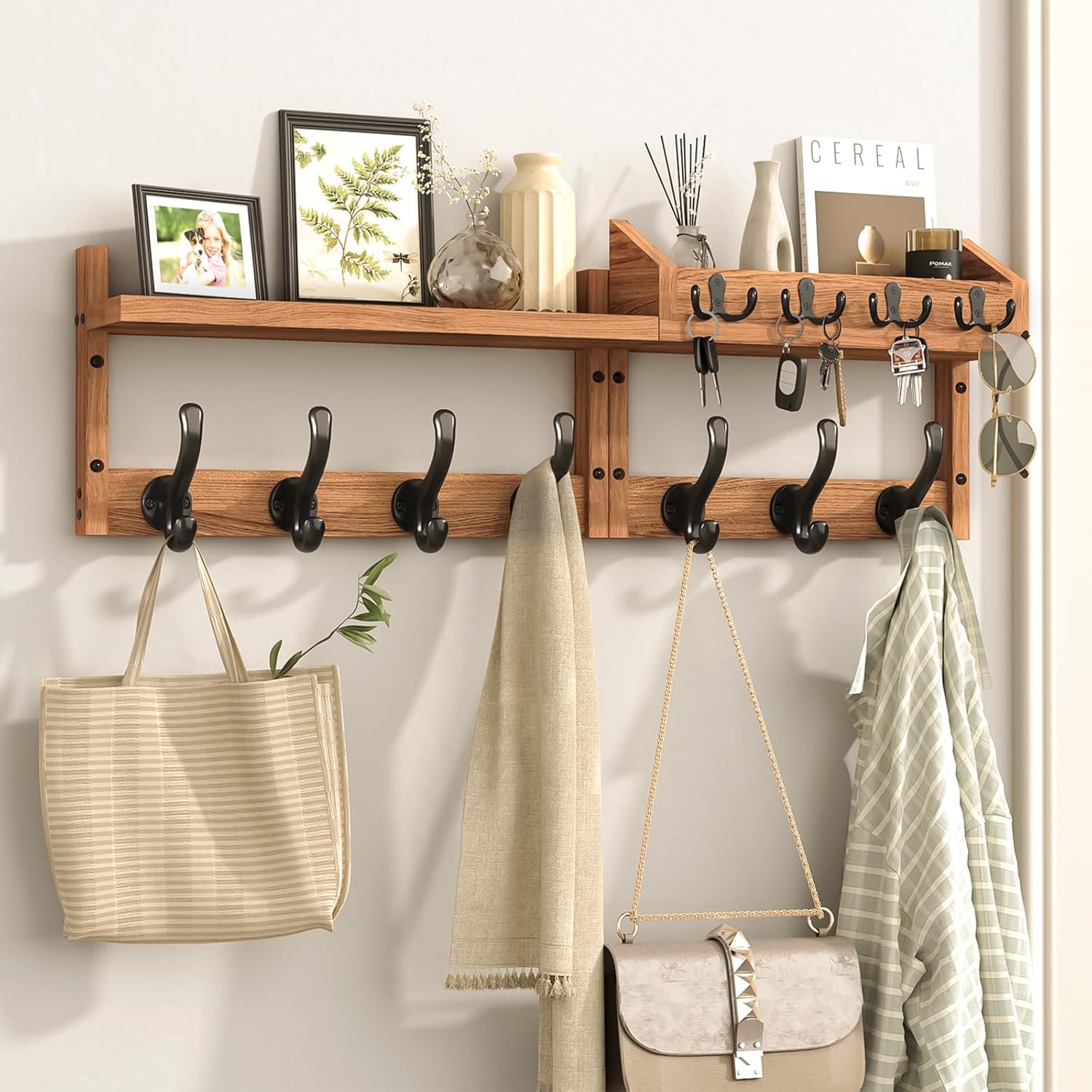 29" Coat Rack Wall Mount with Shelf, 4 in 1 Wall Mounted Coat and Key Hanger with 11 Hooks, Entryway Key Holder with