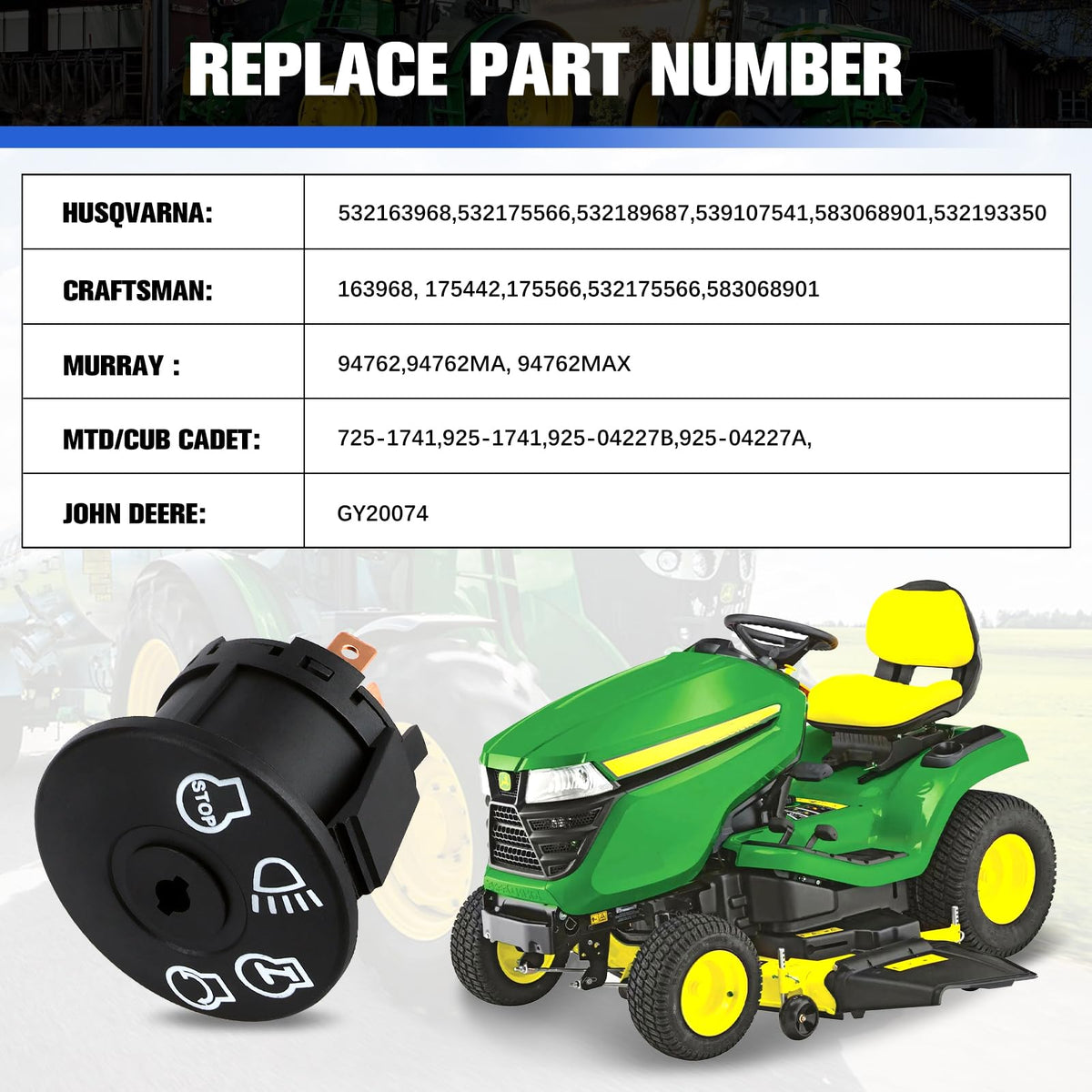 Lawn Mower Ignition Switch Key for John Deere L110 L111 L120 L100 L118