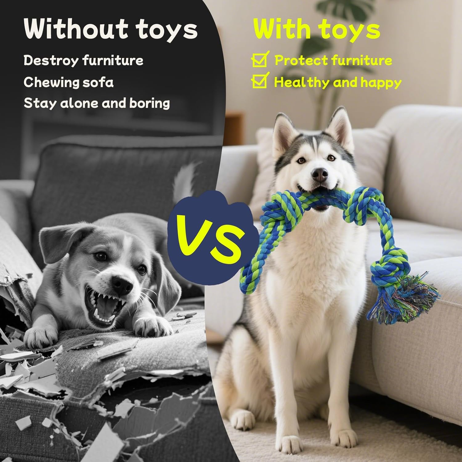[4 Pack] Dog Rope Toys for Aggressive Chewers, Nearly Indestructible Tug of War Toys for Large & Medium Dogs, 100%
