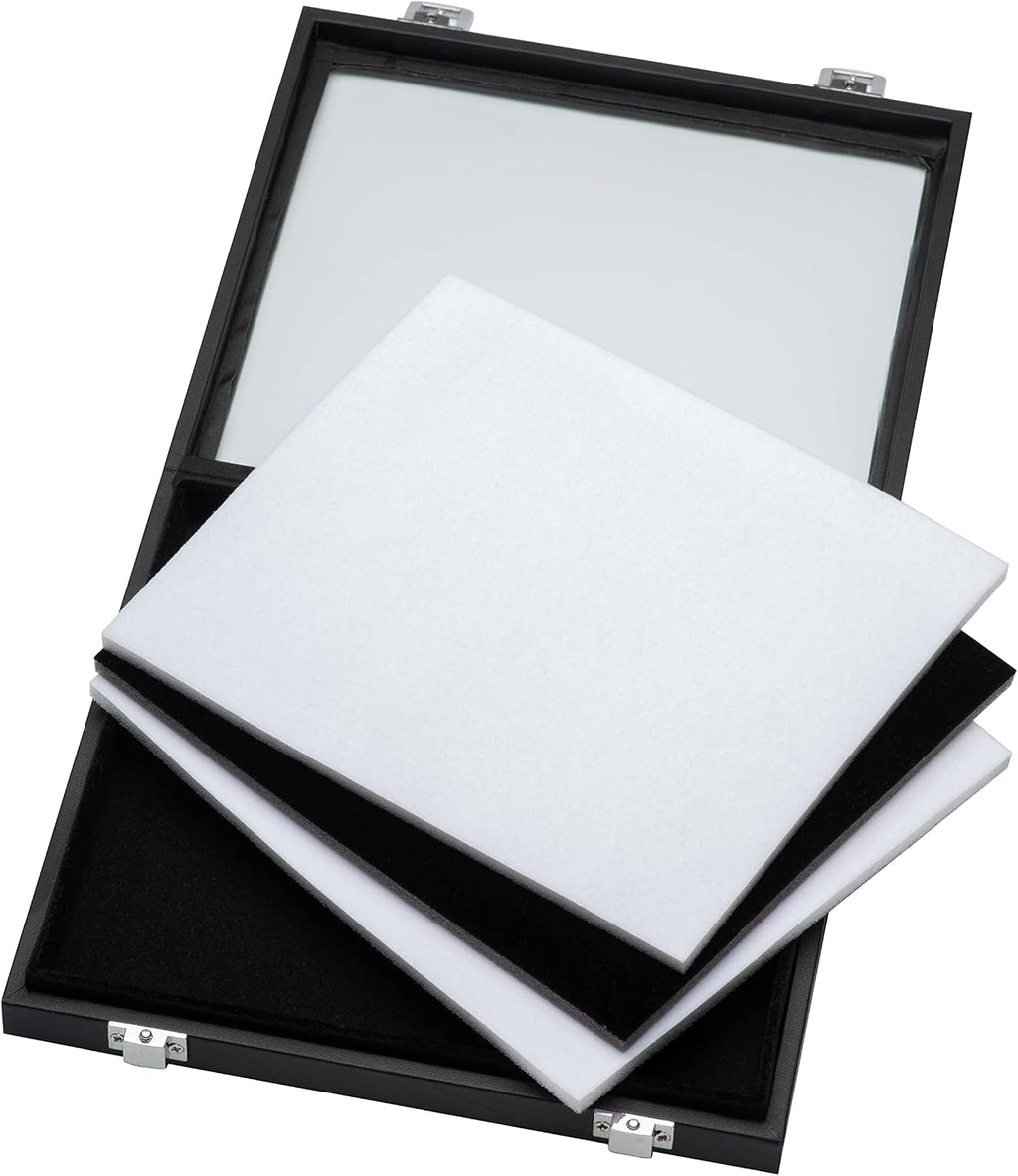 Jewelry Display Case Tempered Glass Top Lid Black Leatherette,Gemstone Display Case Jewelry Storage Box with Metal
