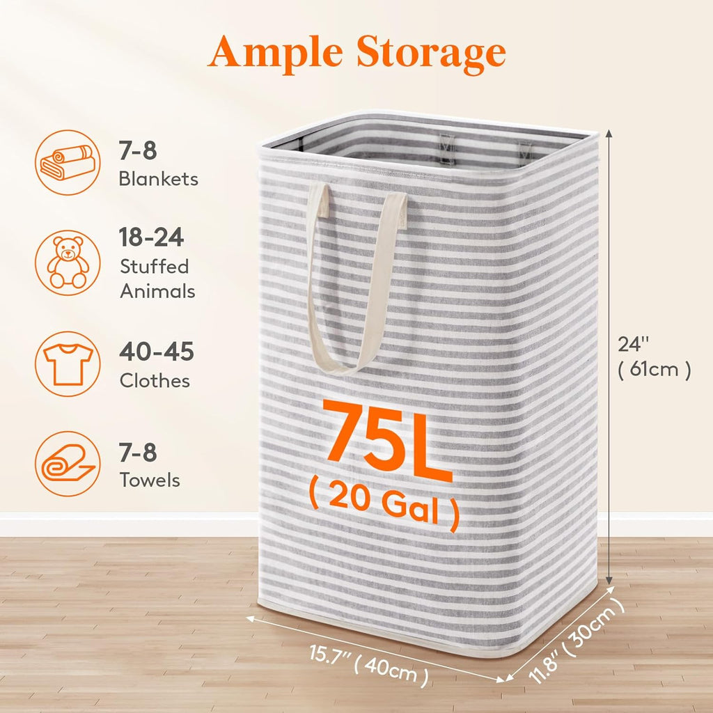 75L Large Collapsible Laundry Basket with Extended Handles, Grey | Foldable Laundry Hamper, Tall Dirty Clothes
