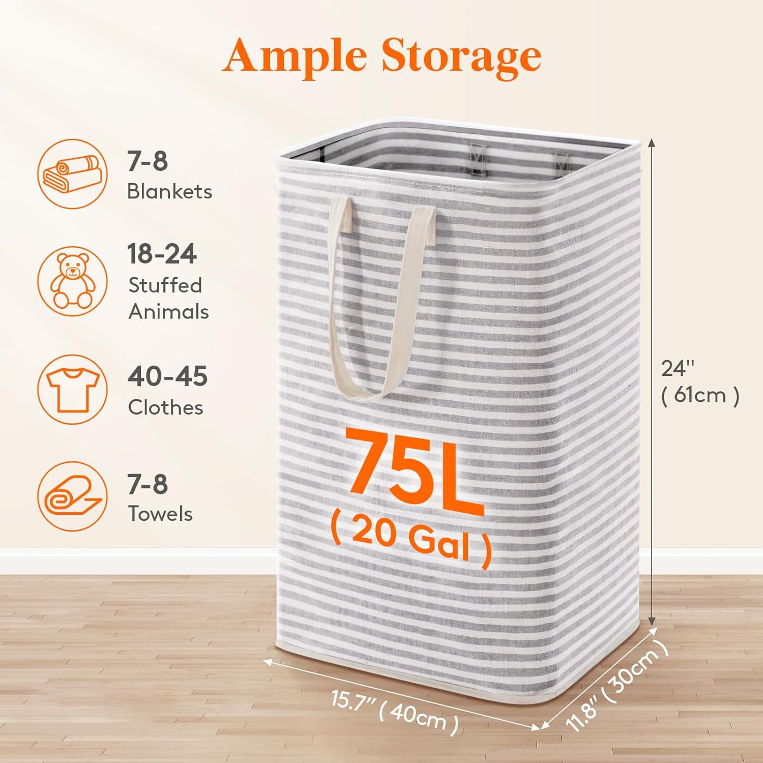 75L Large Collapsible Laundry Basket with Extended Handles, Grey | Foldable Laundry Hamper, Tall Dirty Clothes