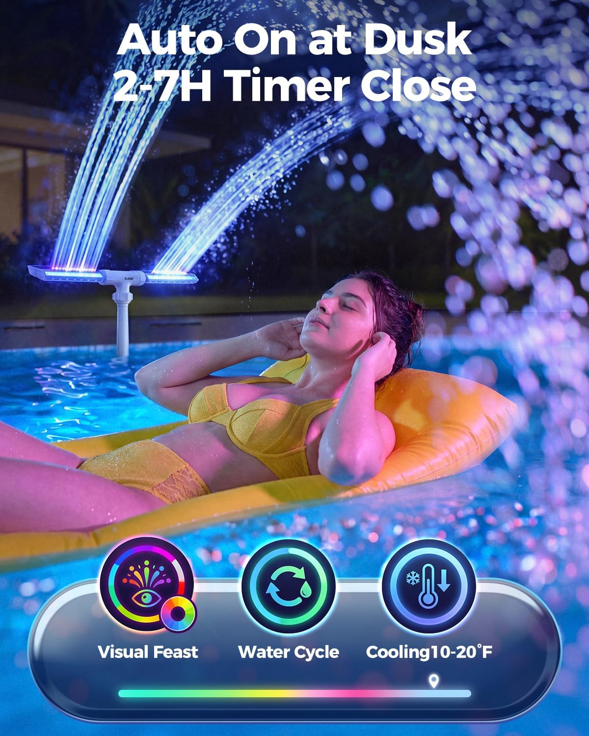 Solar Pool Fountain with Lights, Dual-Head Adjustable Spray & Timer, Remote Control, Auto Dusk Sensor, 10-Color LED