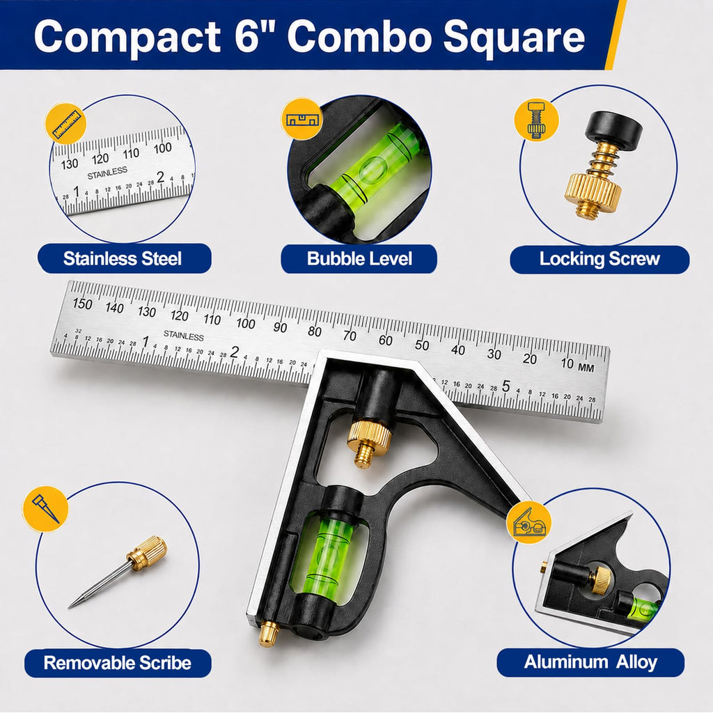 Combination Square 6 Inch, Adjustable Combo Square with Bubble Level